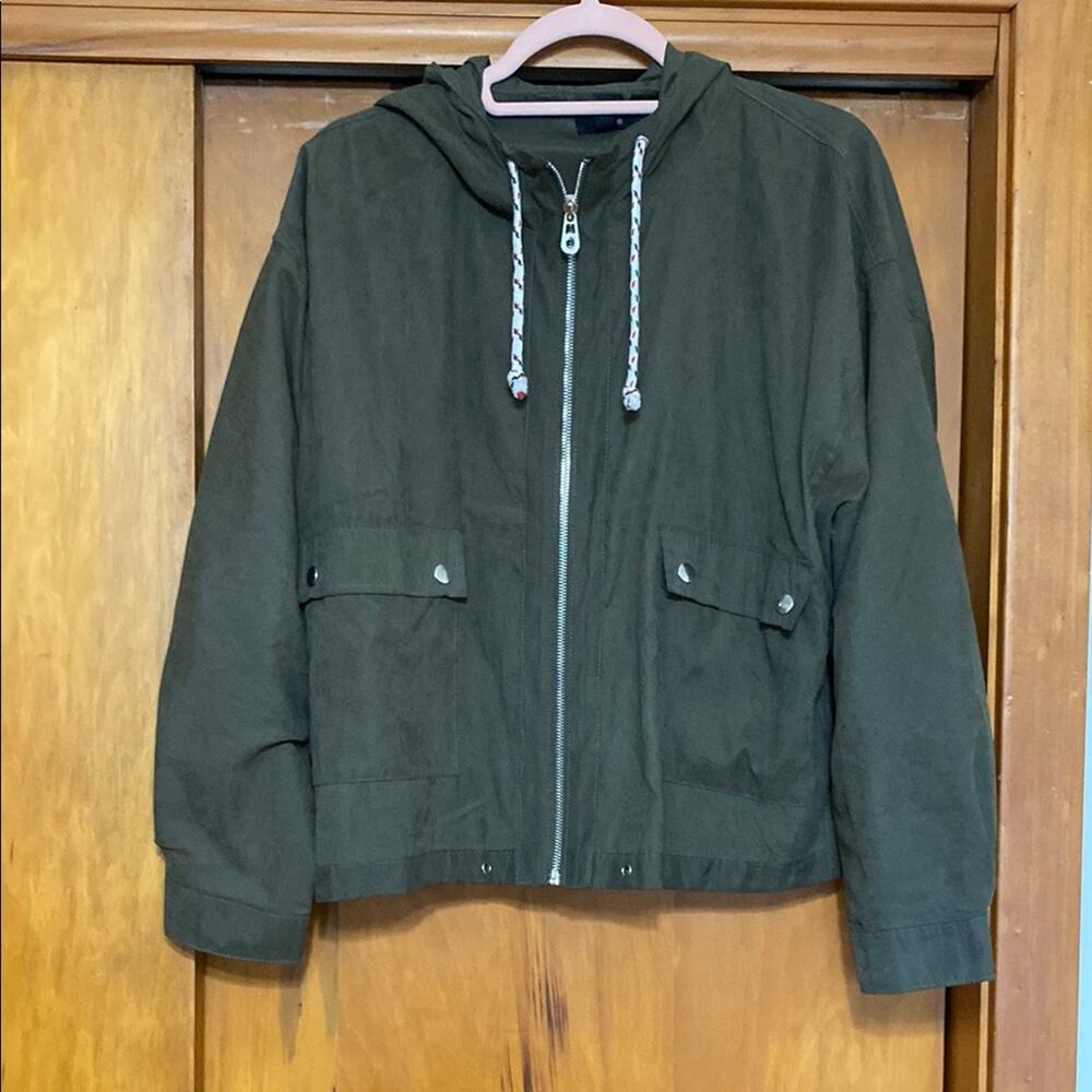 mine | Olive Green Utility Jacket Hood 21” Zip Snap Pockets Relaxed Fit - M